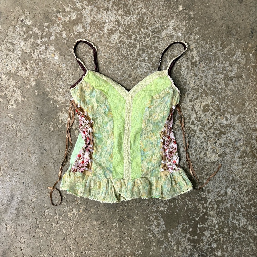 VTG Pretty Angel Lace Ribbon Corset Top Silk Blend Princess Steampunk Y2K M